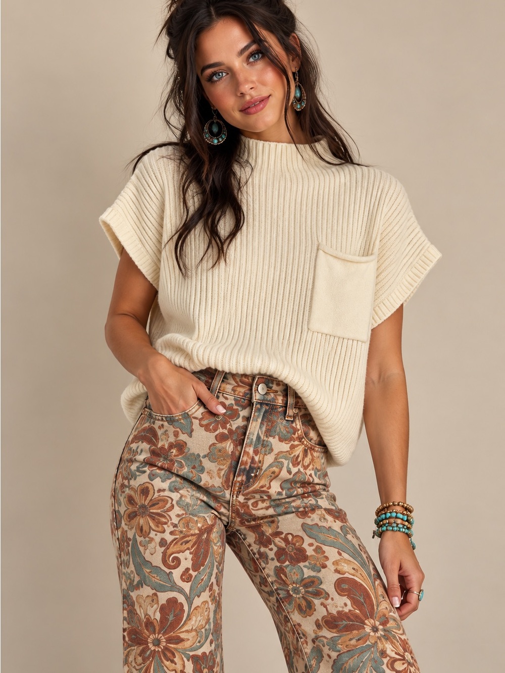 entro Cream Ribbed Short-Sleeve Pocket Knit Top
